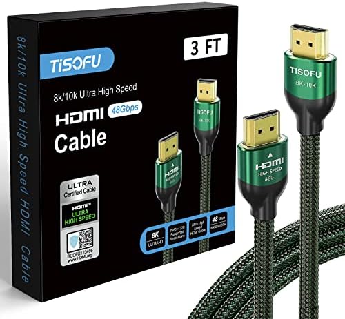 TISOFU [Ultra Certified 8K HDMI כבל 3ft: HDMI 2.1 כבלים 48 ג'יגה -ביט לשנייה מהירה גבוהה כבל קלוע